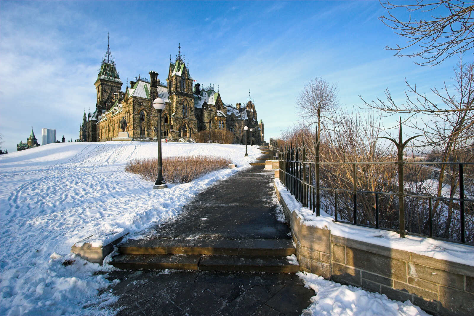 Parliament Hill in Ottawa in winter, with snow